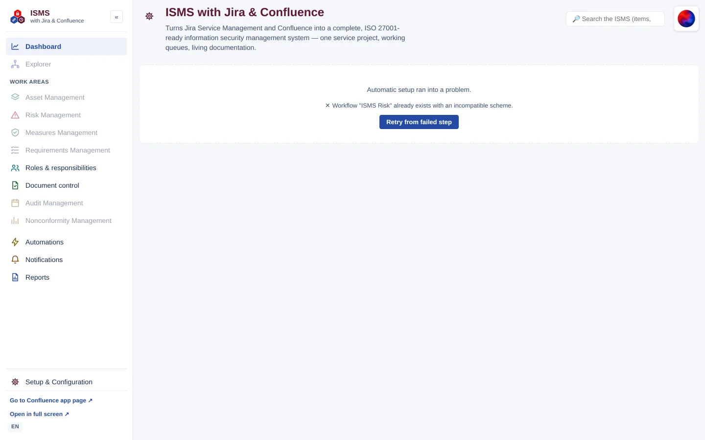 Hub start page: “Automatic setup ran into a problem” with the error text and the “Retry from failed step” button