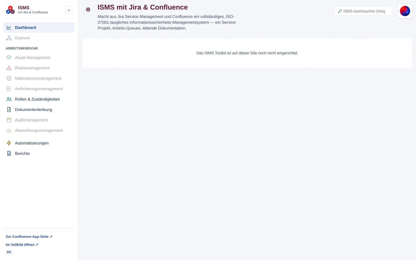 Startansicht des ISMS-Hubs vor der Einrichtung aus Sicht einer Person ohne Jira-Administrationsrechte