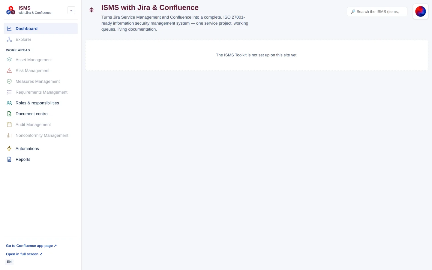 ISMS Hub start view before setup as seen by a person without Jira administration rights